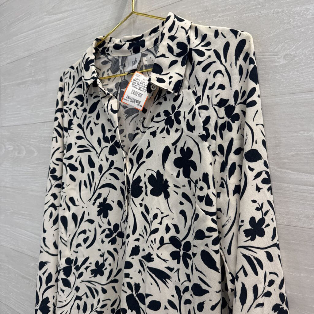 Cabi White/ Black Print Long Sleeve Button Down Top Small