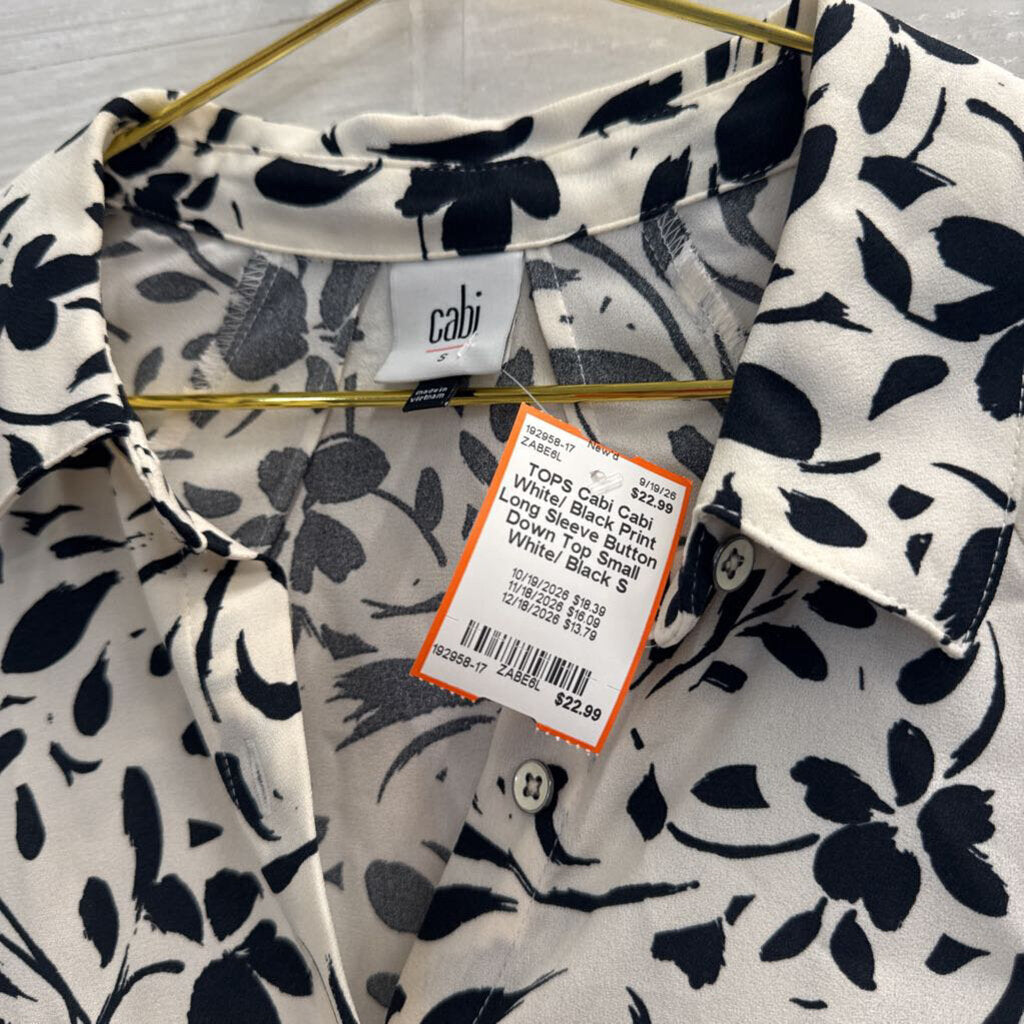 Cabi White/ Black Print Long Sleeve Button Down Top Small