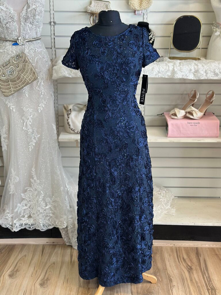 Alex Evenings Navy Rosette Lace Short Sleeve Long Formal Dress 6 Petite