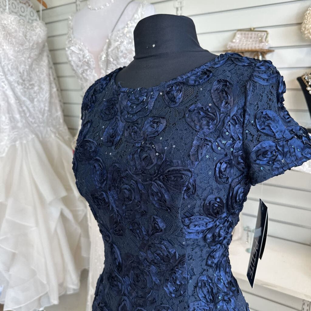 Alex Evenings Navy Rosette Lace Short Sleeve Long Formal Dress 6 Petite