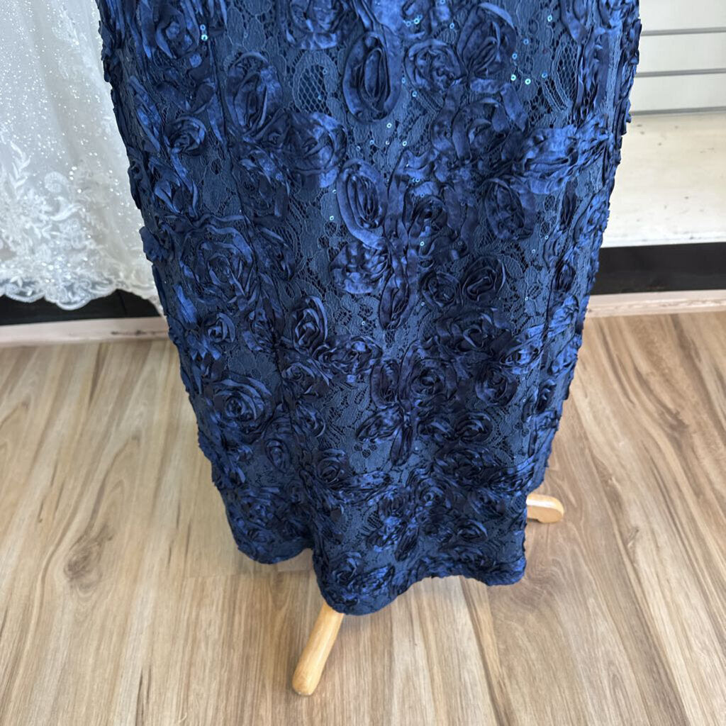 Alex Evenings Navy Rosette Lace Short Sleeve Long Formal Dress 6 Petite