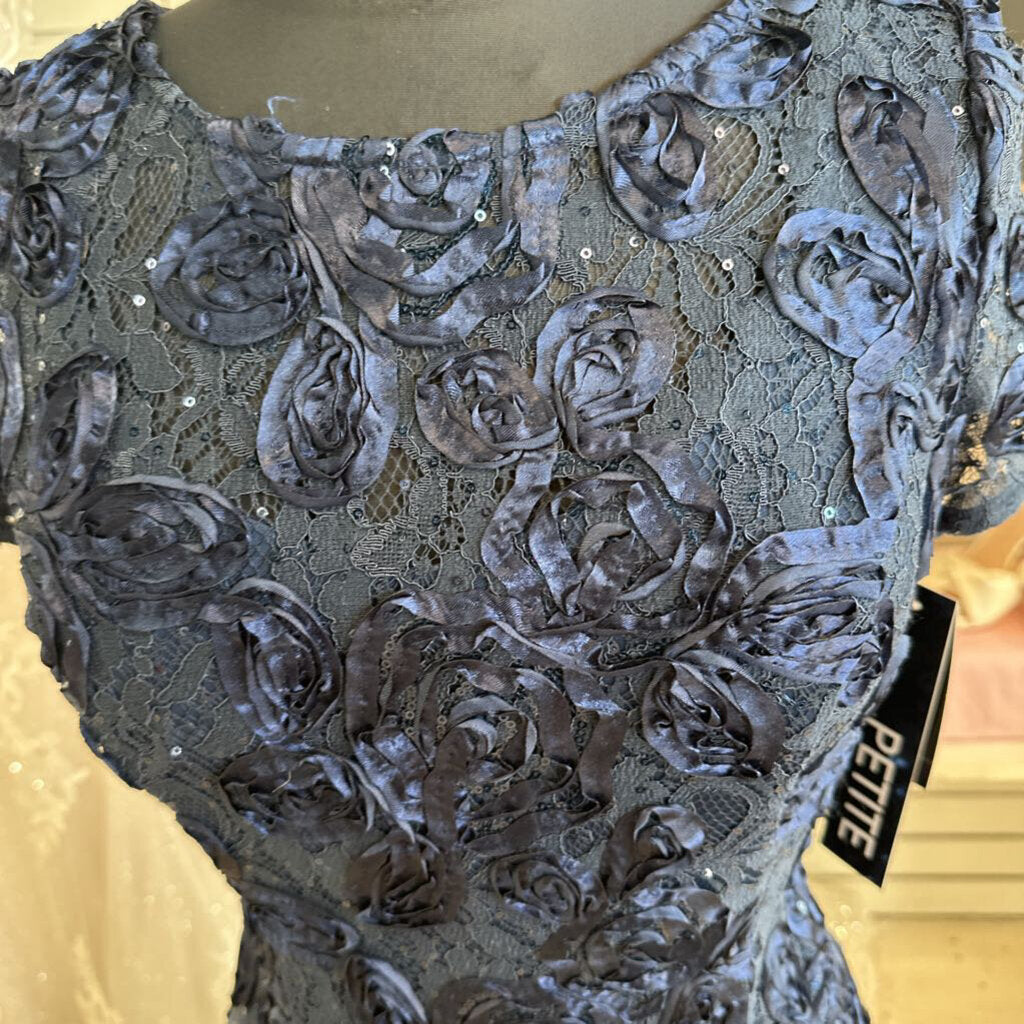 Alex Evenings Navy Rosette Lace Short Sleeve Long Formal Dress 6 Petite