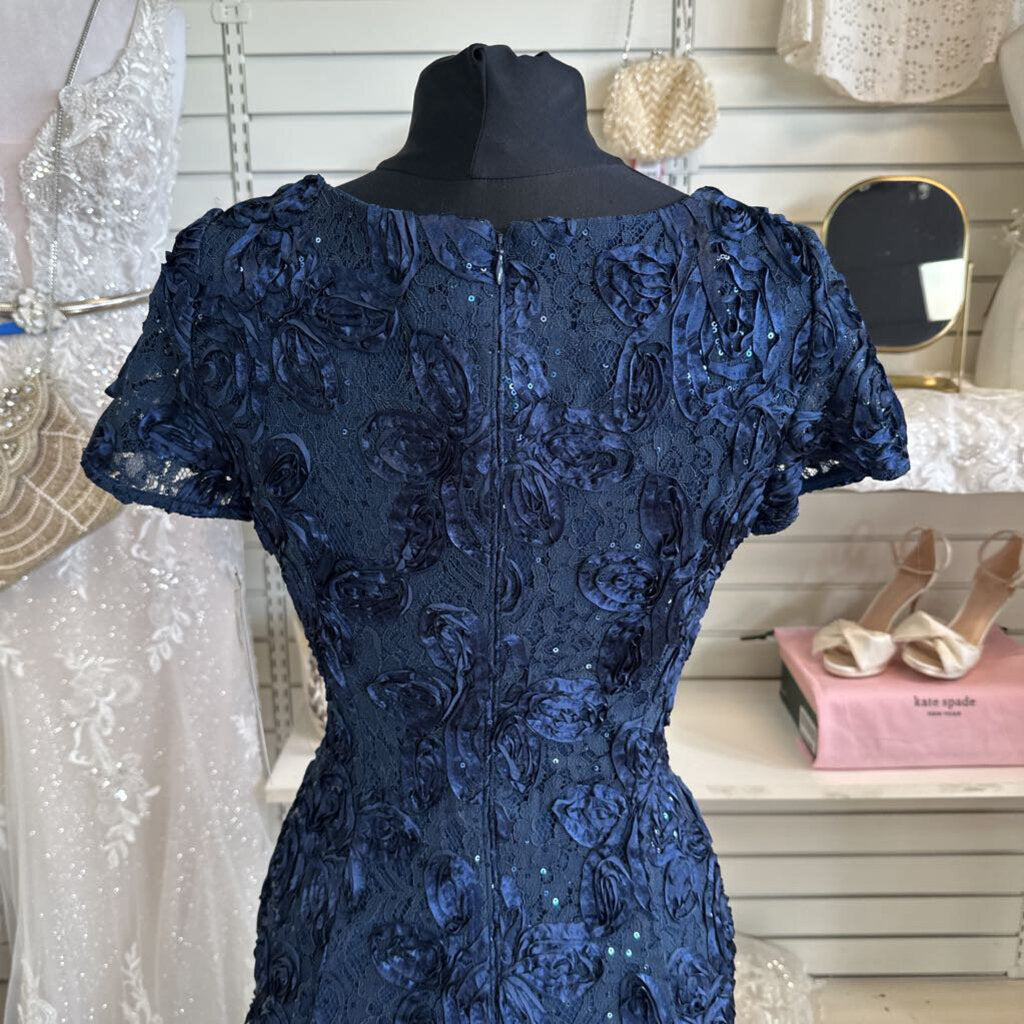 Alex Evenings Navy Rosette Lace Short Sleeve Long Formal Dress 6 Petite