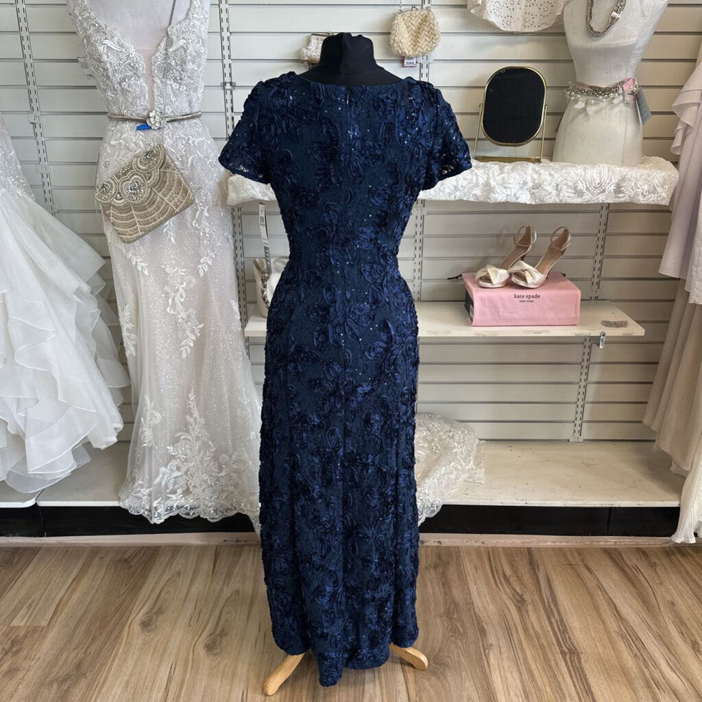 Alex Evenings Navy Rosette Lace Short Sleeve Long Formal Dress 6 Petite