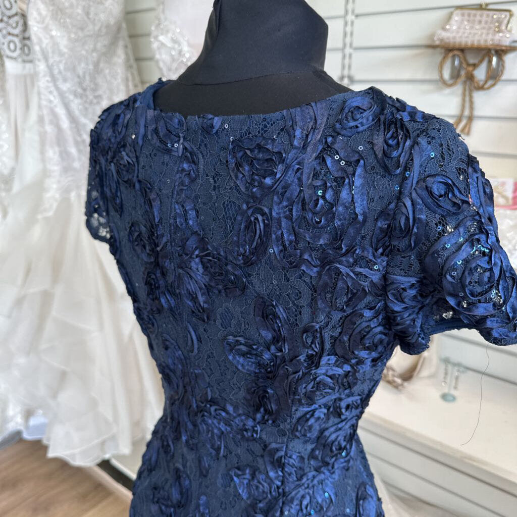 Alex Evenings Navy Rosette Lace Short Sleeve Long Formal Dress 6 Petite