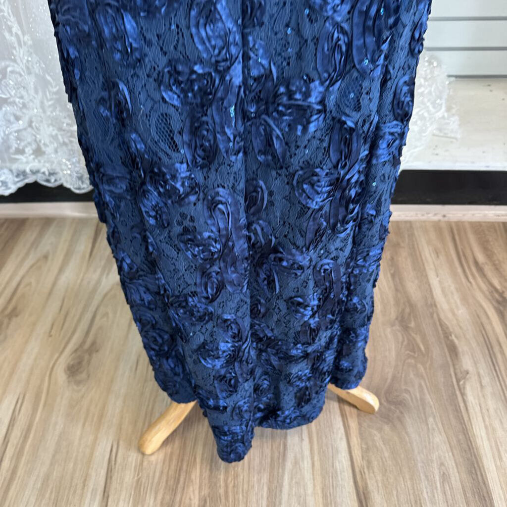 Alex Evenings Navy Rosette Lace Short Sleeve Long Formal Dress 6 Petite