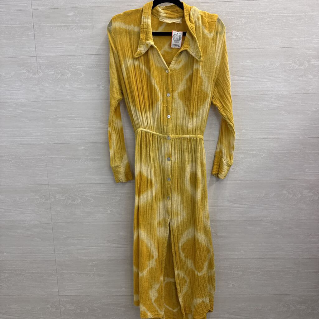 Jen's Pirate Booty Yellow Tie Dye Long Sleeve Button Front Midi Dress Medium/ Large