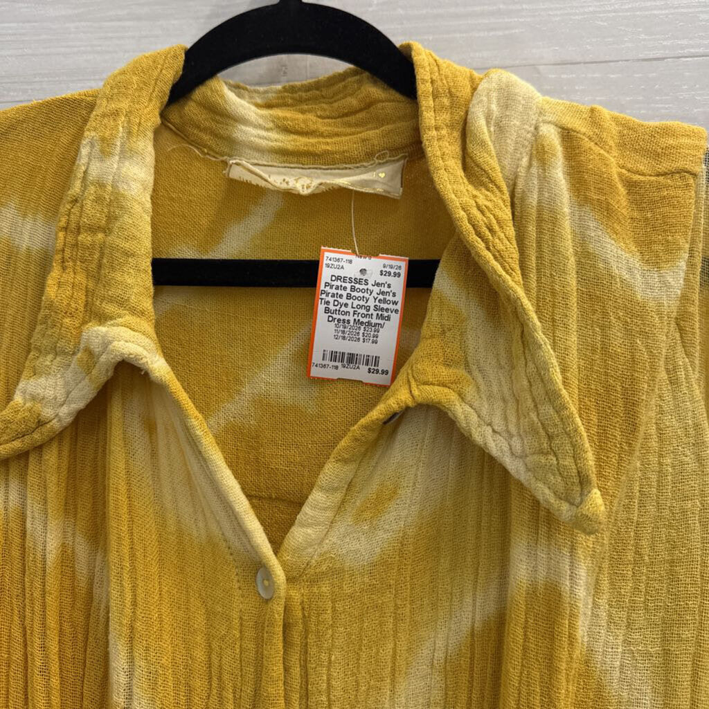 Jen's Pirate Booty Yellow Tie Dye Long Sleeve Button Front Midi Dress Medium/ Large