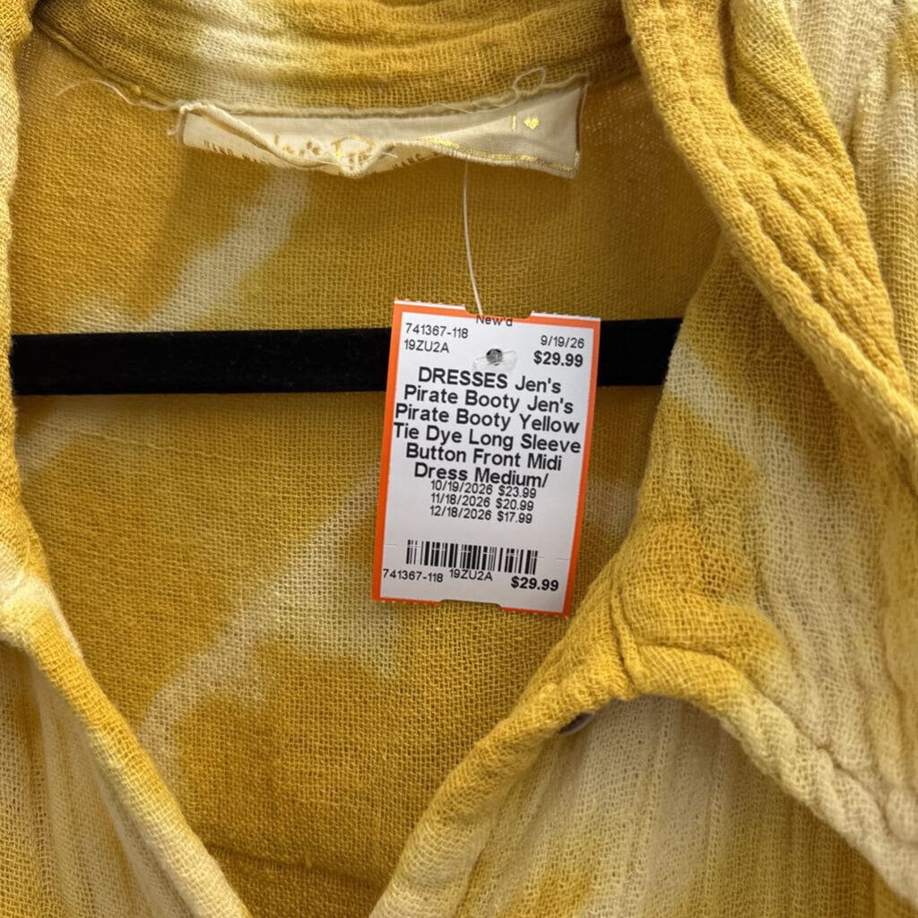 Jen's Pirate Booty Yellow Tie Dye Long Sleeve Button Front Midi Dress Medium/ Large