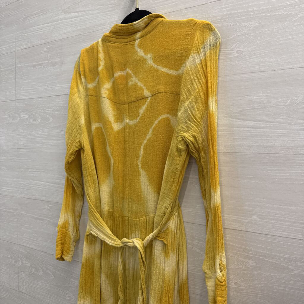 Jen's Pirate Booty Yellow Tie Dye Long Sleeve Button Front Midi Dress Medium/ Large