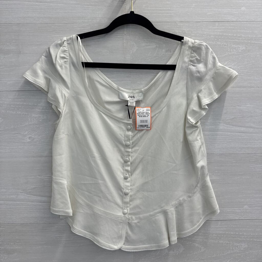 Zara White Short Sleeve Button Front Top Small