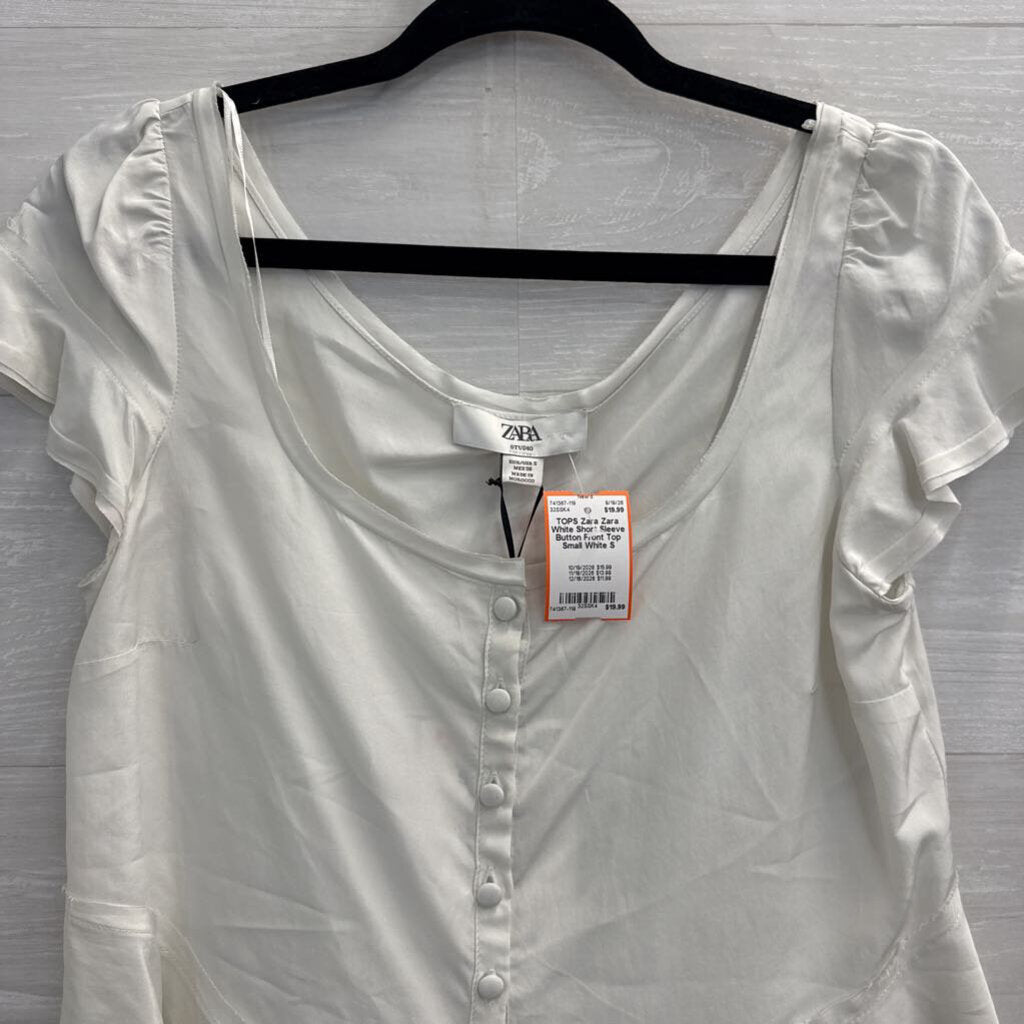 Zara White Short Sleeve Button Front Top Small