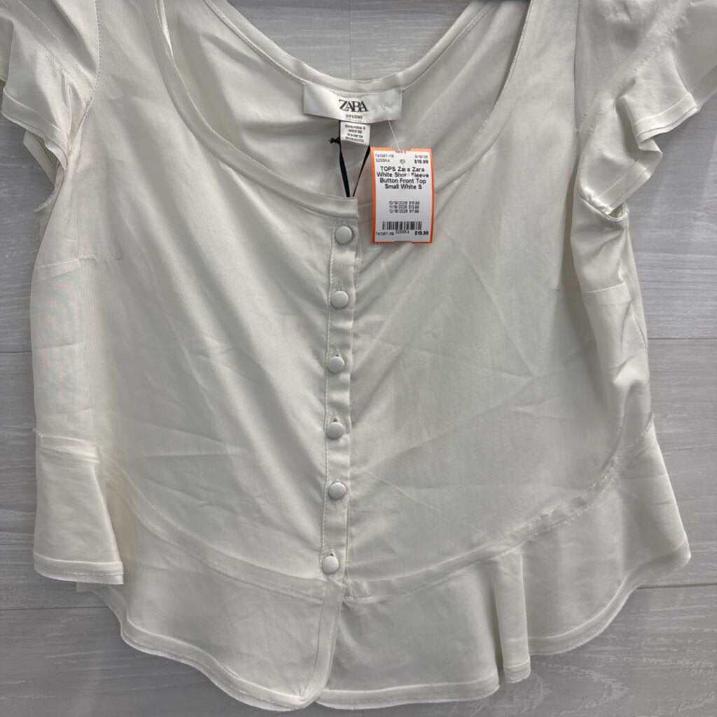 Zara White Short Sleeve Button Front Top Small