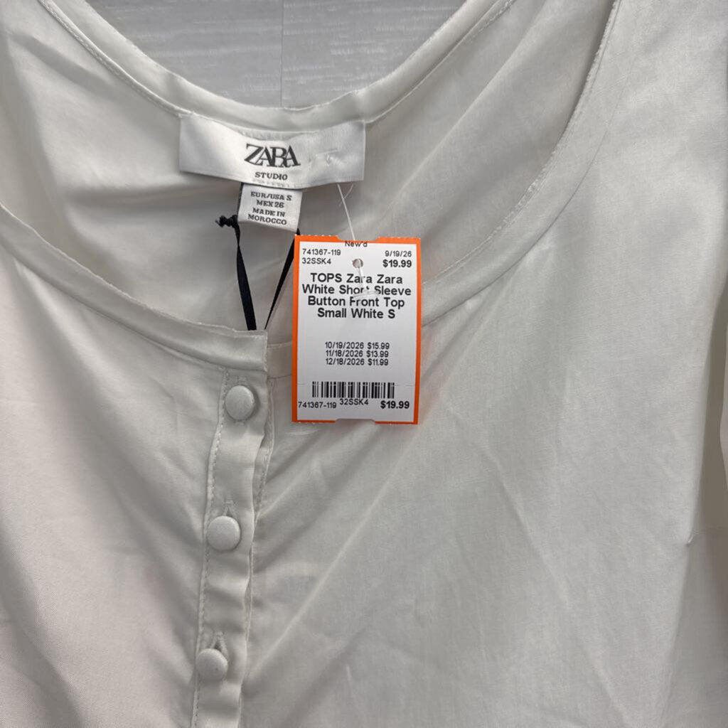 Zara White Short Sleeve Button Front Top Small