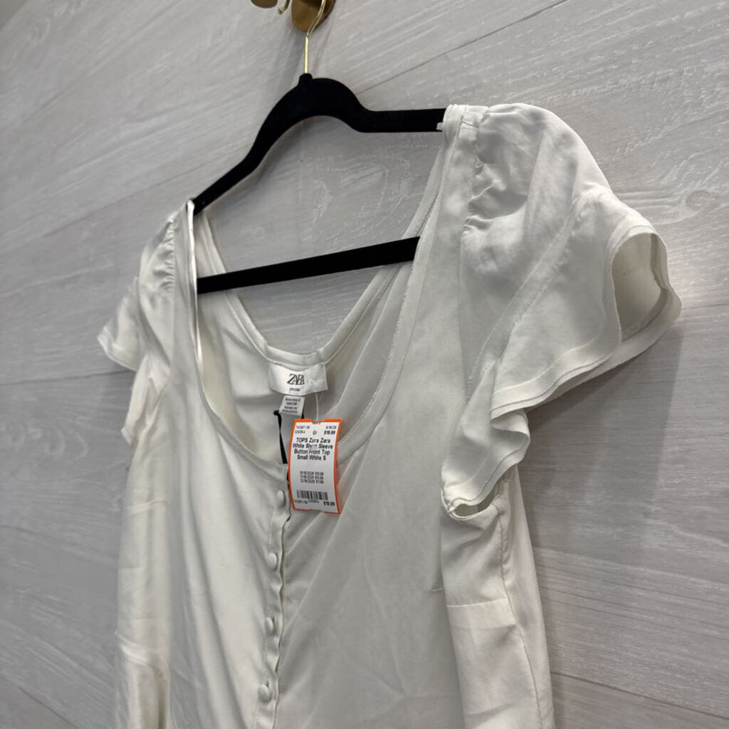 Zara White Short Sleeve Button Front Top Small