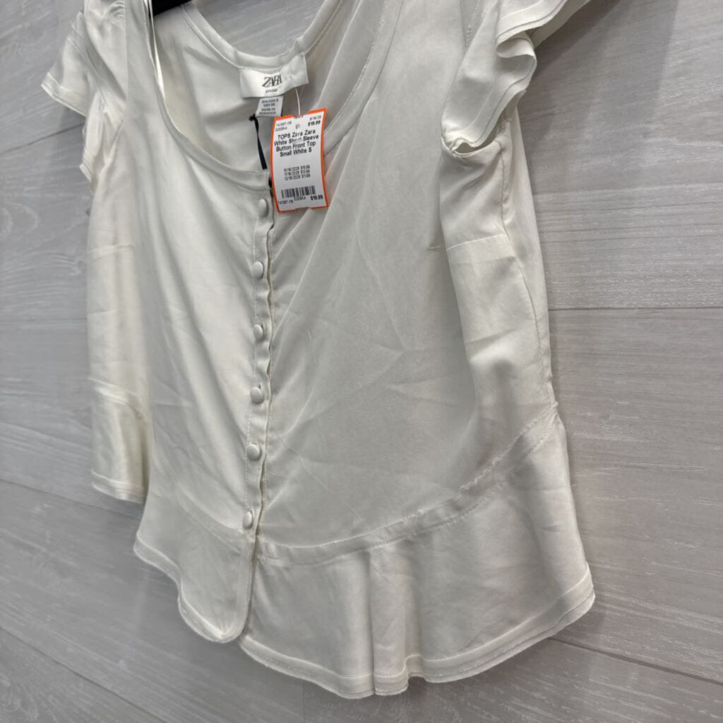 Zara White Short Sleeve Button Front Top Small