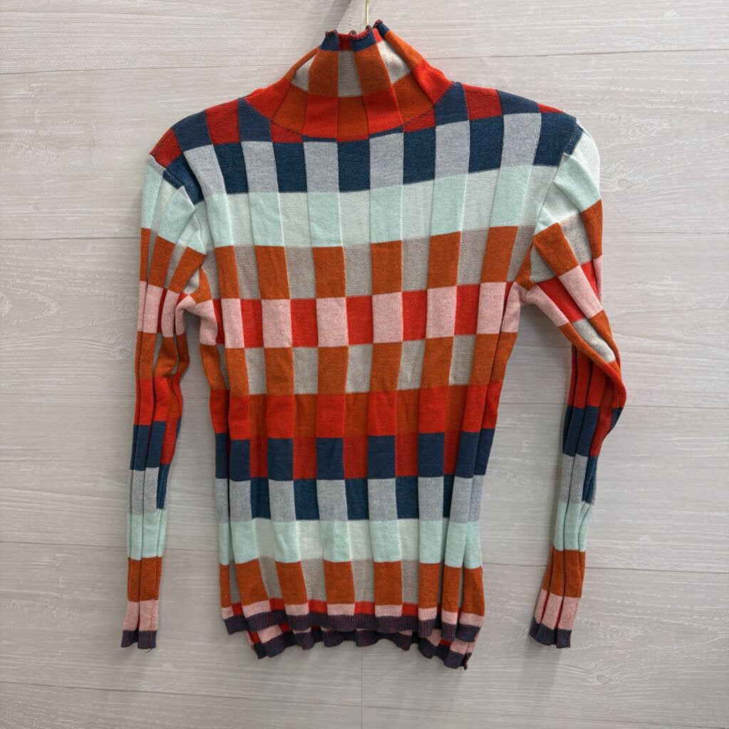 Orange/ Multi Checkered Knit Mock Neck Sweater Top Small