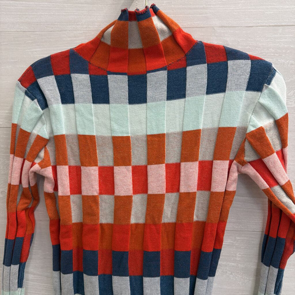 Orange/ Multi Checkered Knit Mock Neck Sweater Top Small
