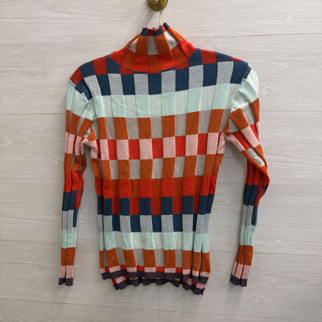 Orange/ Multi Checkered Knit Mock Neck Sweater Top Small