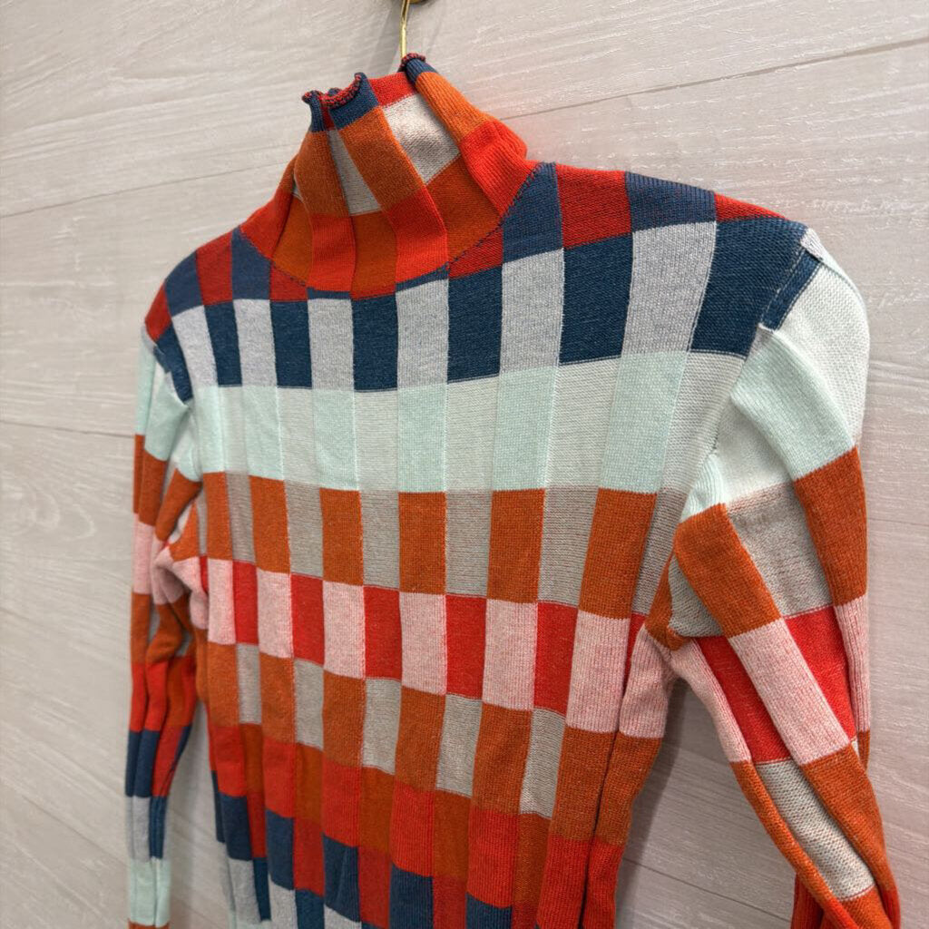 Orange/ Multi Checkered Knit Mock Neck Sweater Top Small