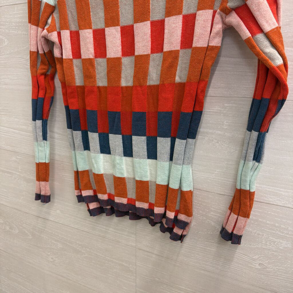 Orange/ Multi Checkered Knit Mock Neck Sweater Top Small