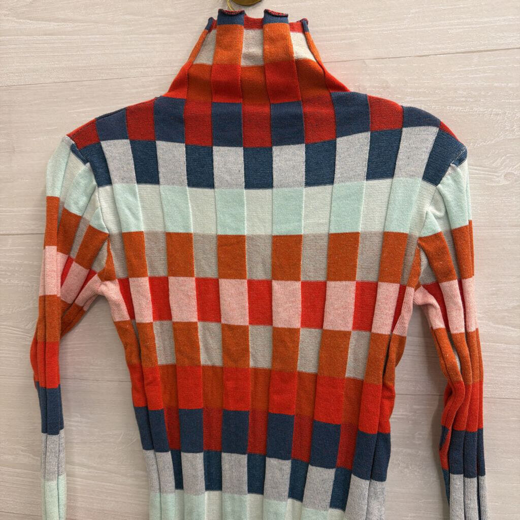 Orange/ Multi Checkered Knit Mock Neck Sweater Top Small