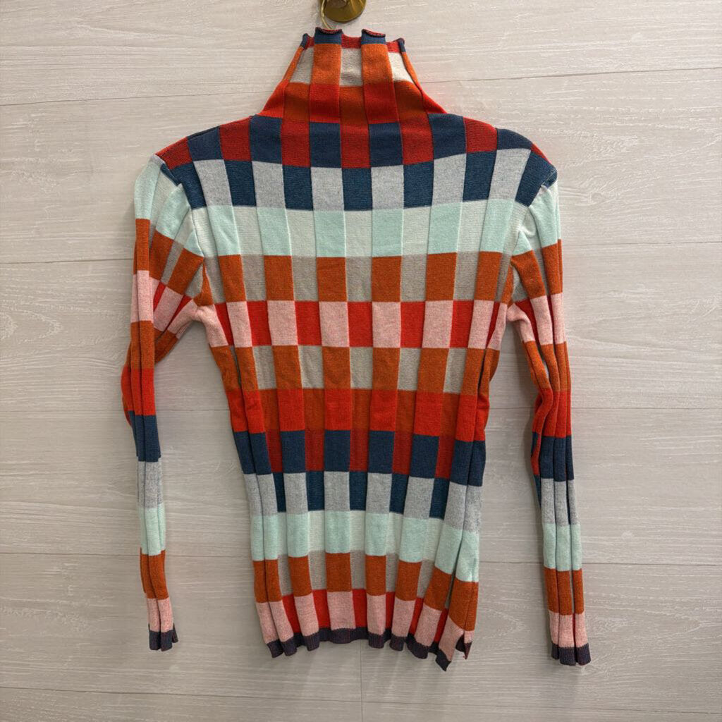 Orange/ Multi Checkered Knit Mock Neck Sweater Top Small