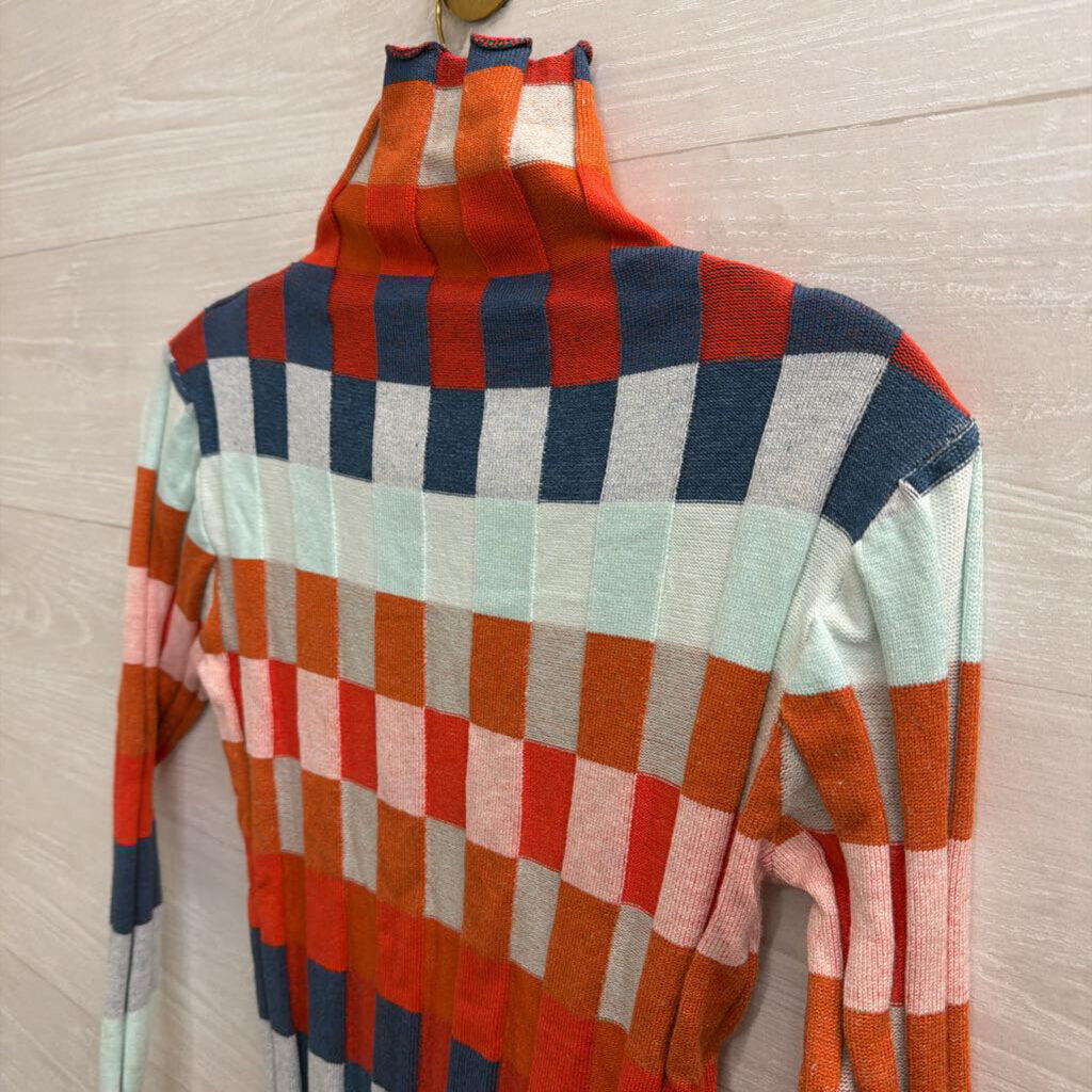 Orange/ Multi Checkered Knit Mock Neck Sweater Top Small