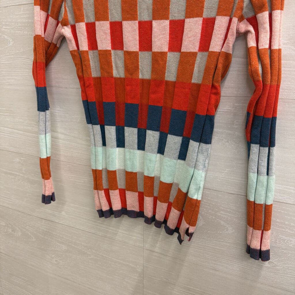 Orange/ Multi Checkered Knit Mock Neck Sweater Top Small
