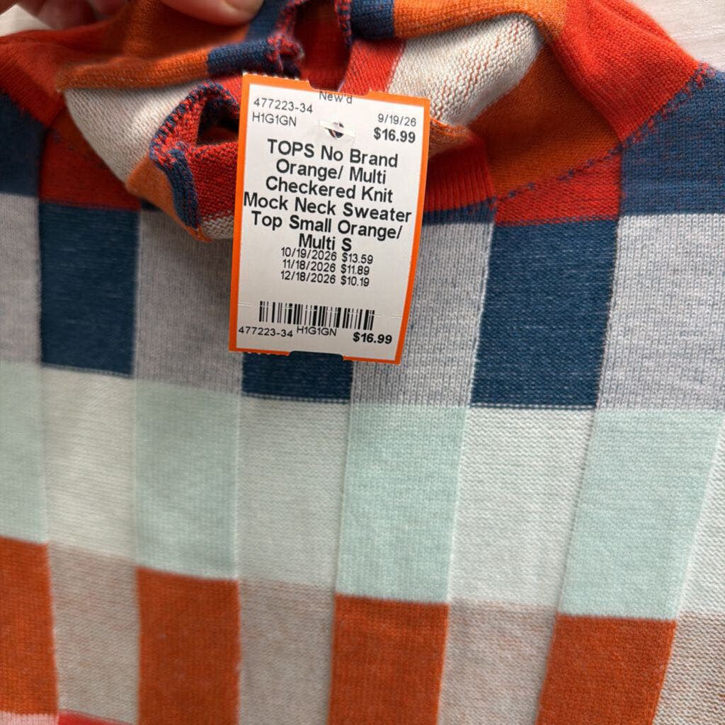 Orange/ Multi Checkered Knit Mock Neck Sweater Top Small