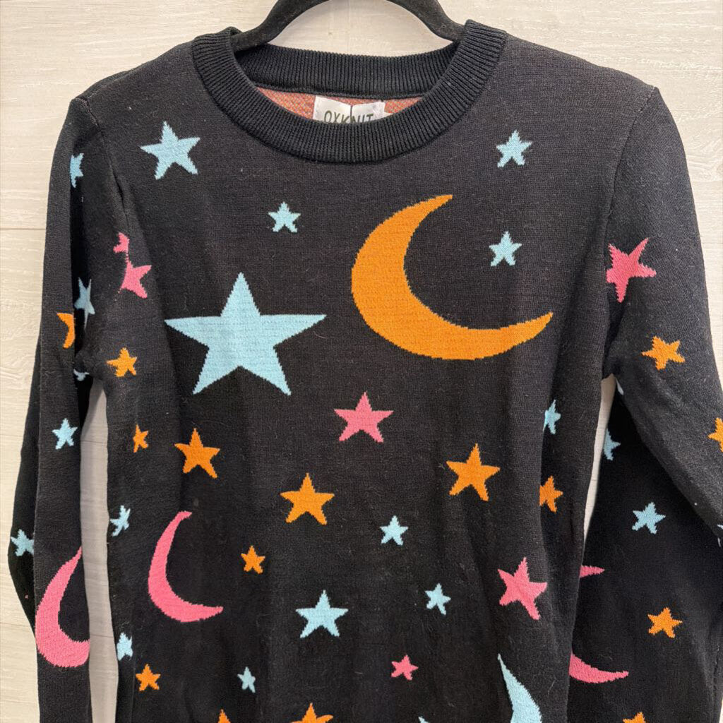 OXKNIT Black/ Multi Star/ Moon Print Sweater Top Small