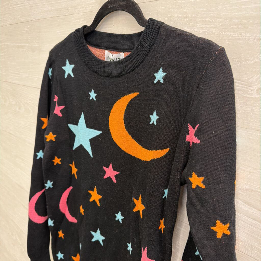 OXKNIT Black/ Multi Star/ Moon Print Sweater Top Small