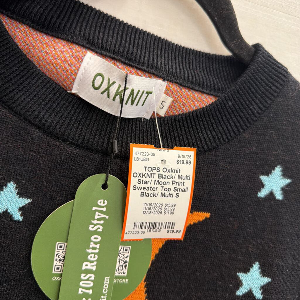 OXKNIT Black/ Multi Star/ Moon Print Sweater Top Small
