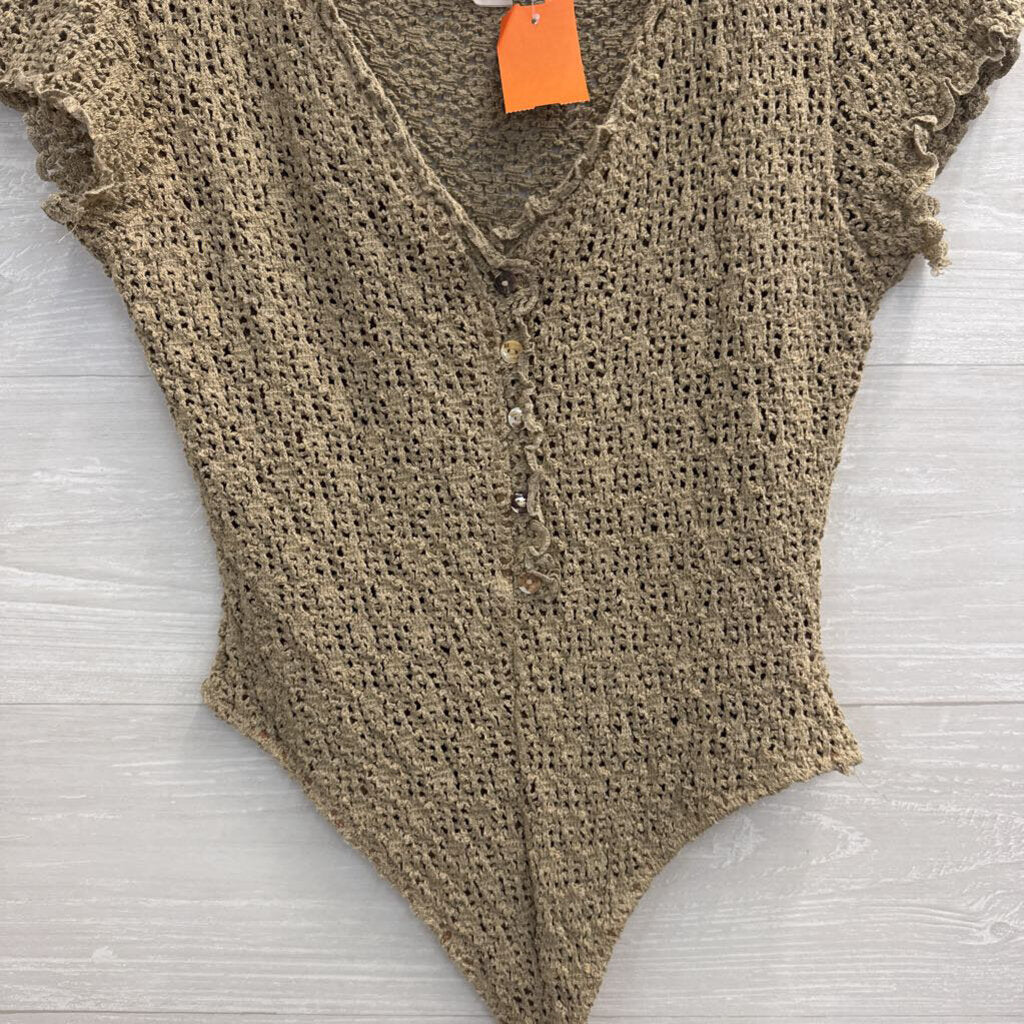Bisou Bisou Brown Knit Short Sleeve Bodysuit Medium