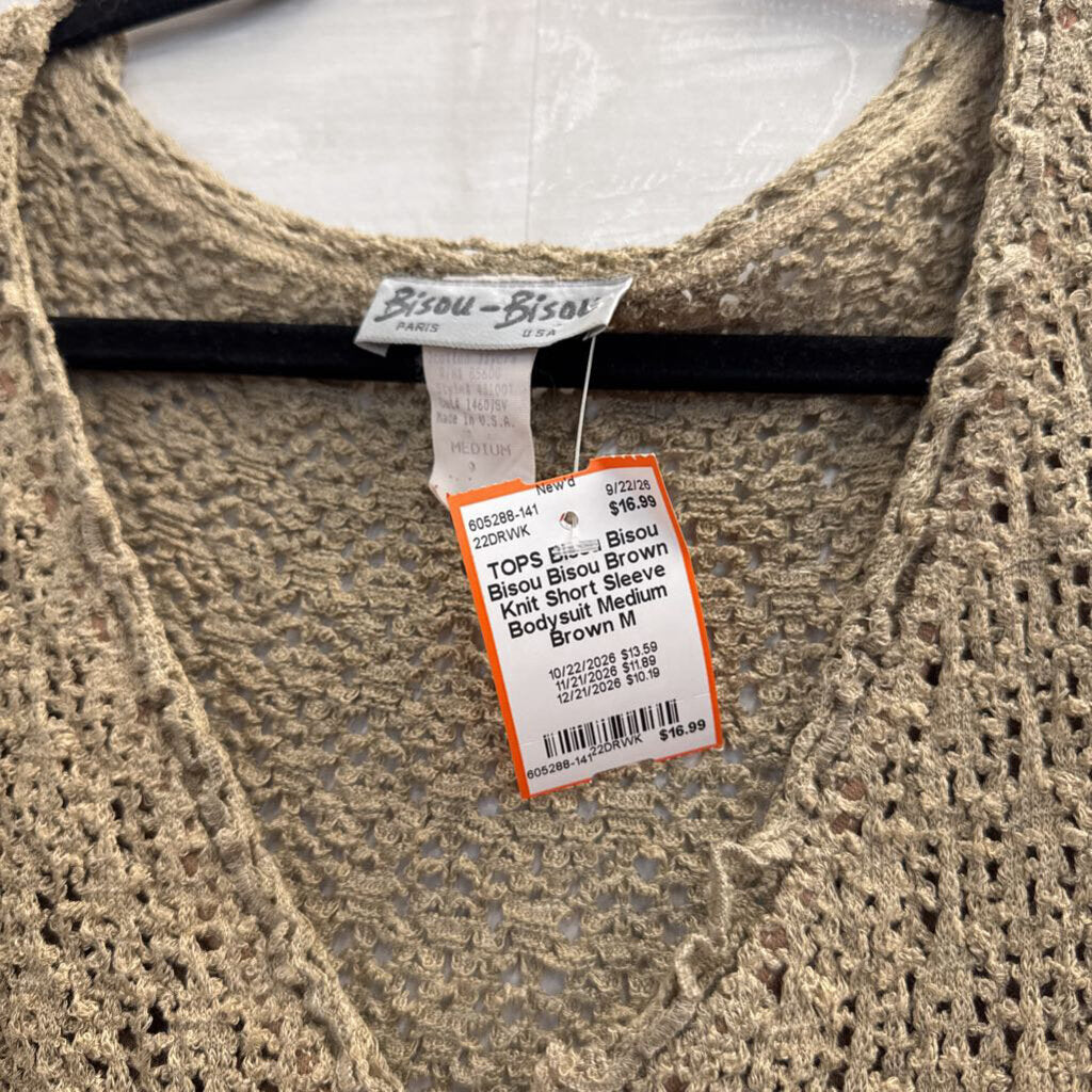 Bisou Bisou Brown Knit Short Sleeve Bodysuit Medium