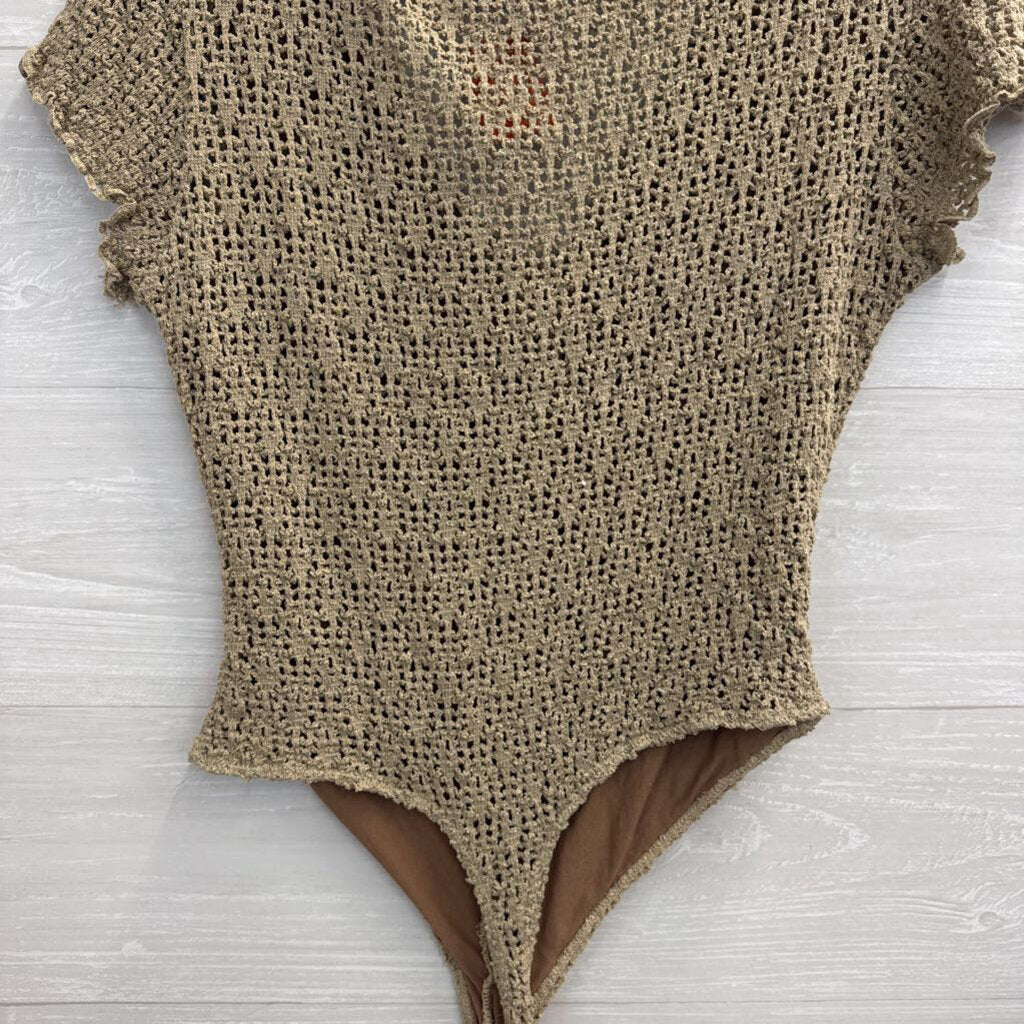 Bisou Bisou Brown Knit Short Sleeve Bodysuit Medium
