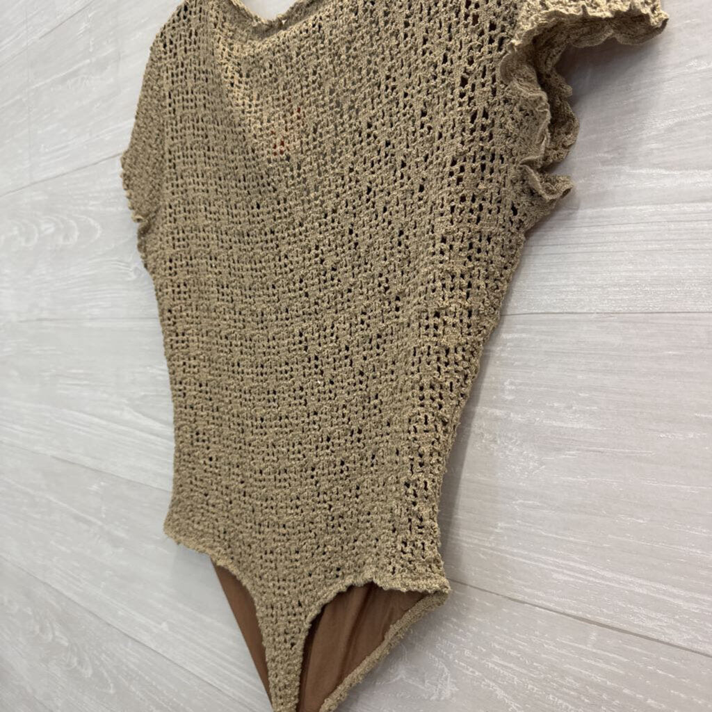 Bisou Bisou Brown Knit Short Sleeve Bodysuit Medium
