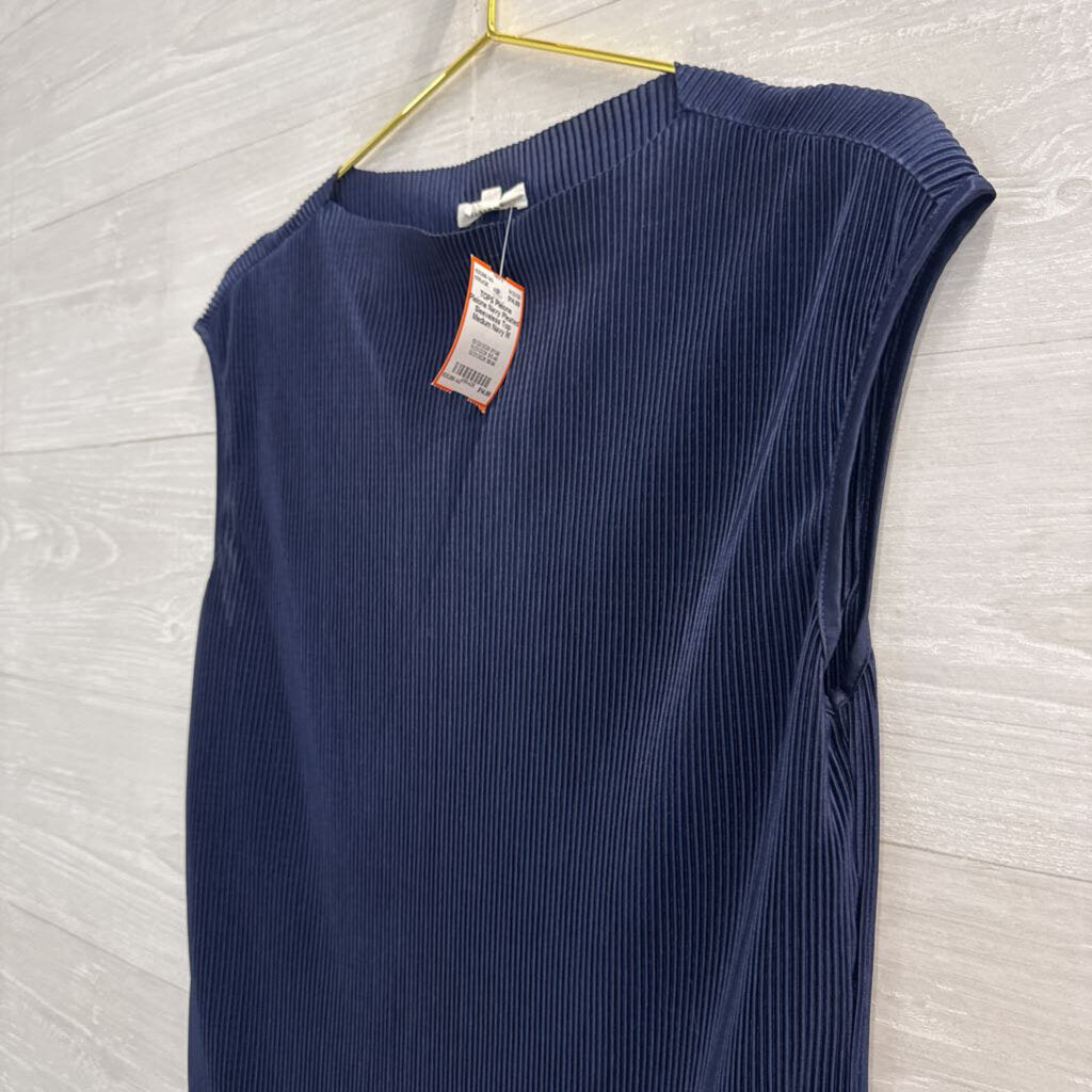 Pleione Navy Pleated Sleeveless Top Medium