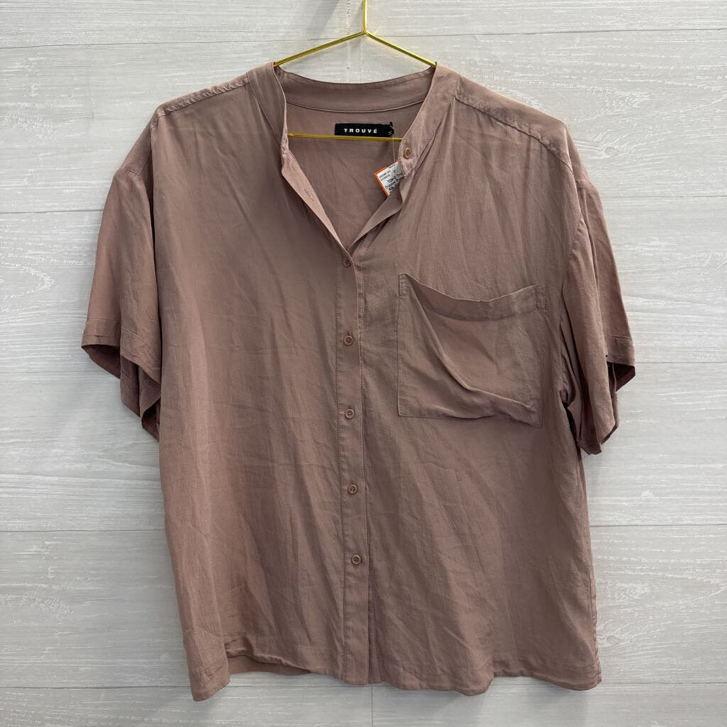 Trouve Purple 100% Silk Short Sleeve Button Down Top Medium