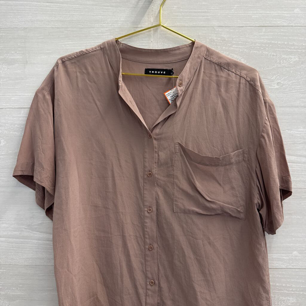 Trouve Purple 100% Silk Short Sleeve Button Down Top Medium