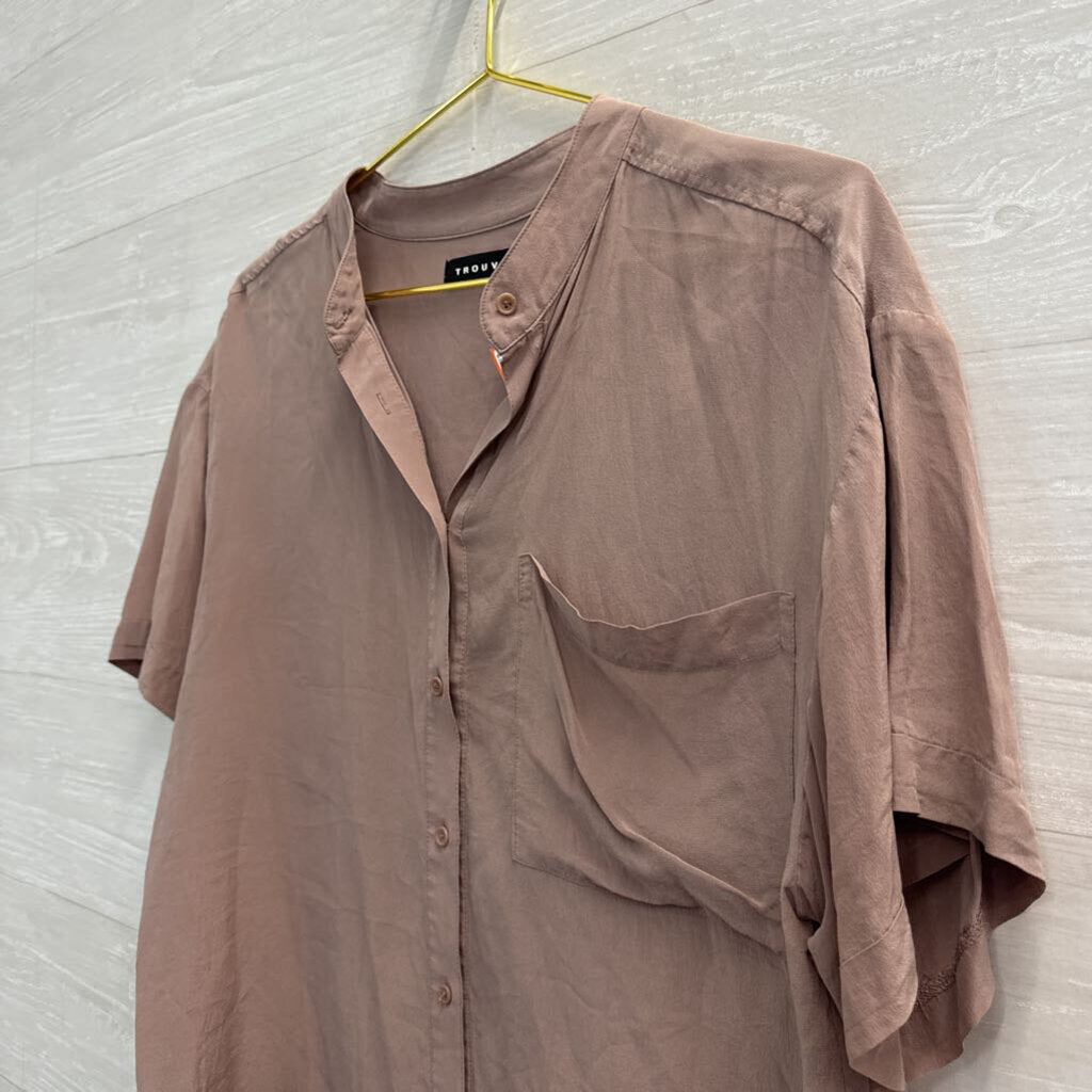 Trouve Purple 100% Silk Short Sleeve Button Down Top Medium