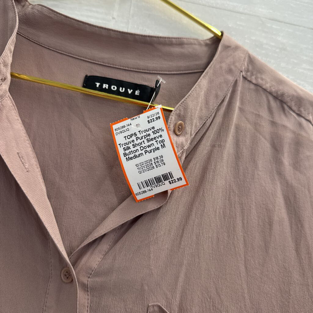 Trouve Purple 100% Silk Short Sleeve Button Down Top Medium