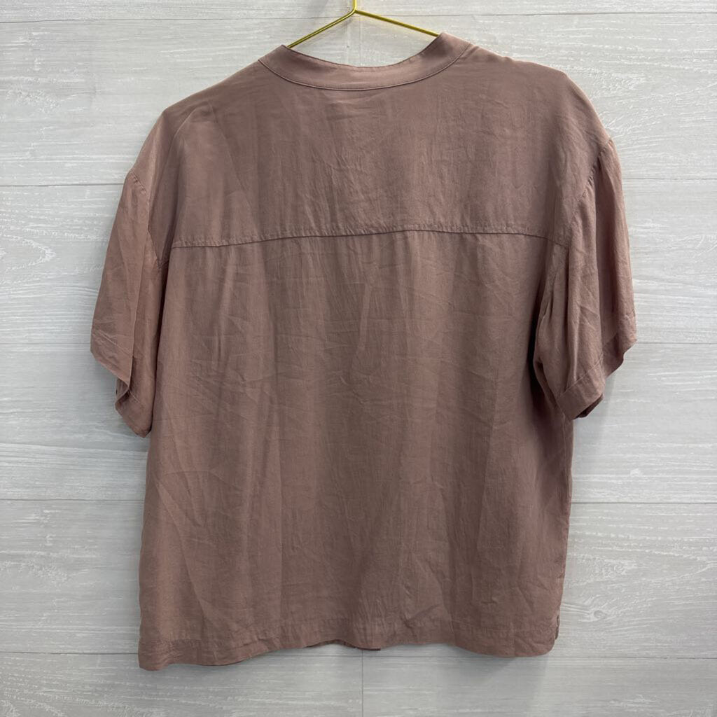 Trouve Purple 100% Silk Short Sleeve Button Down Top Medium
