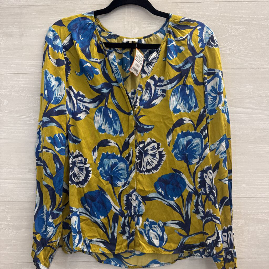 Ecru Green/ Blue Floral Print Long Sleeve Button Front Top Large