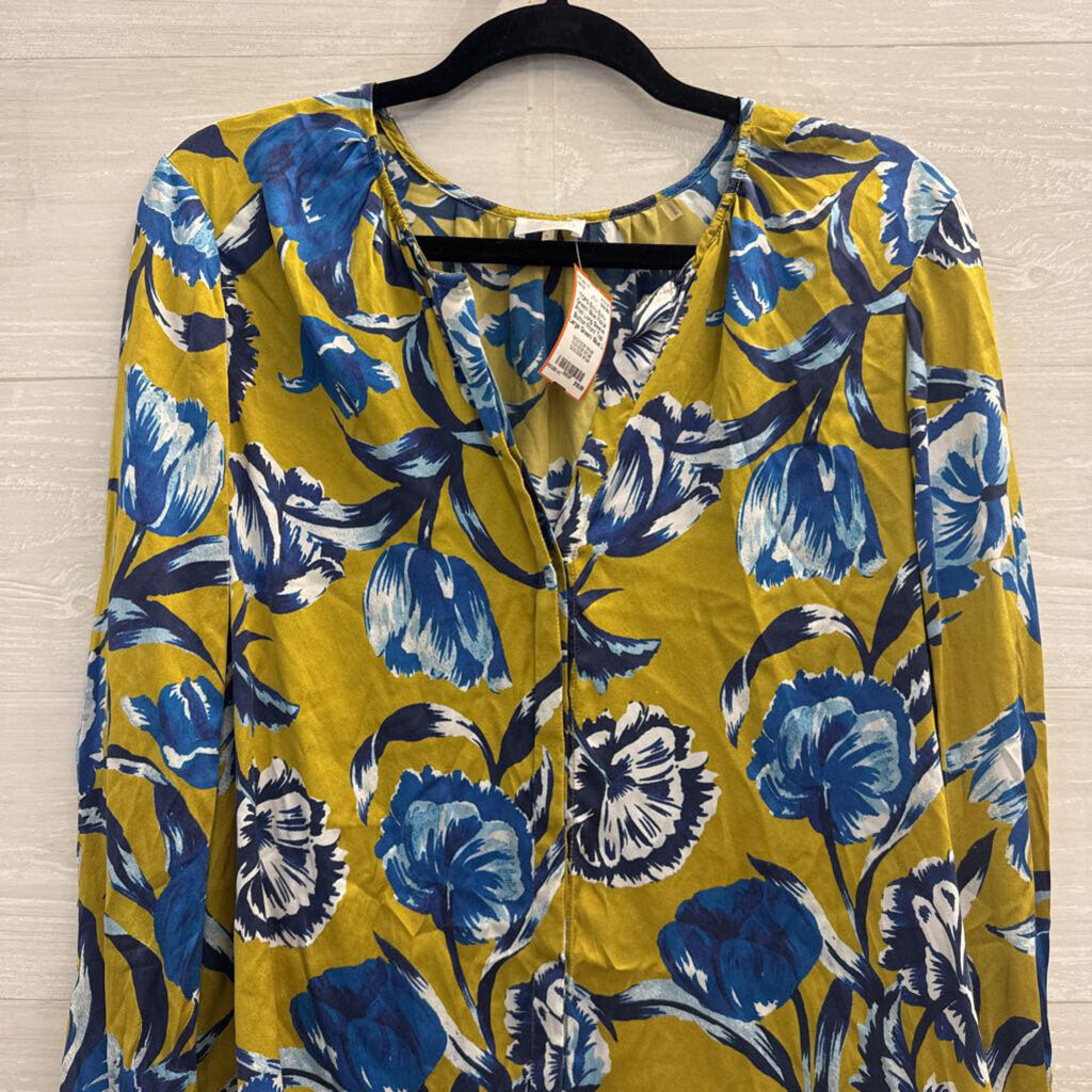 Ecru Green/ Blue Floral Print Long Sleeve Button Front Top Large