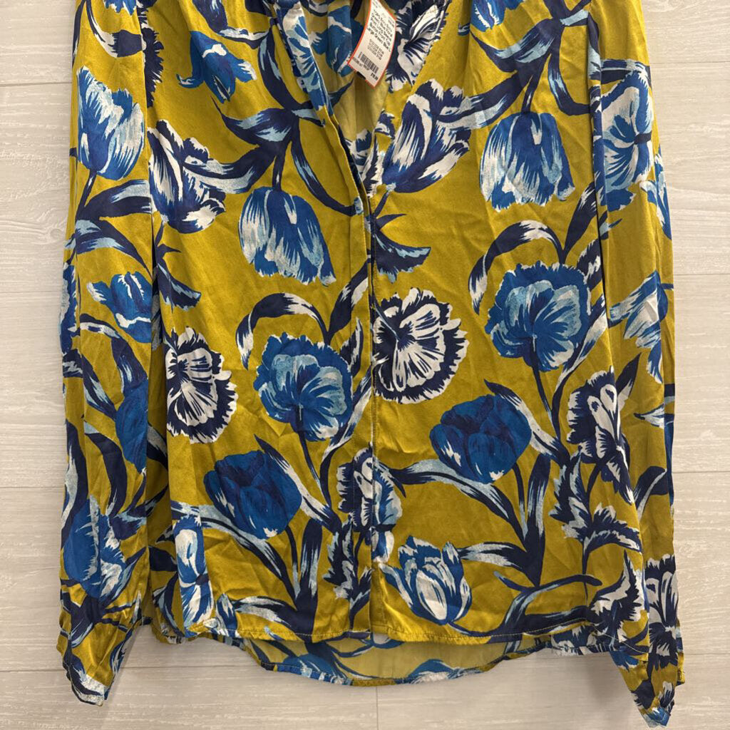 Ecru Green/ Blue Floral Print Long Sleeve Button Front Top Large