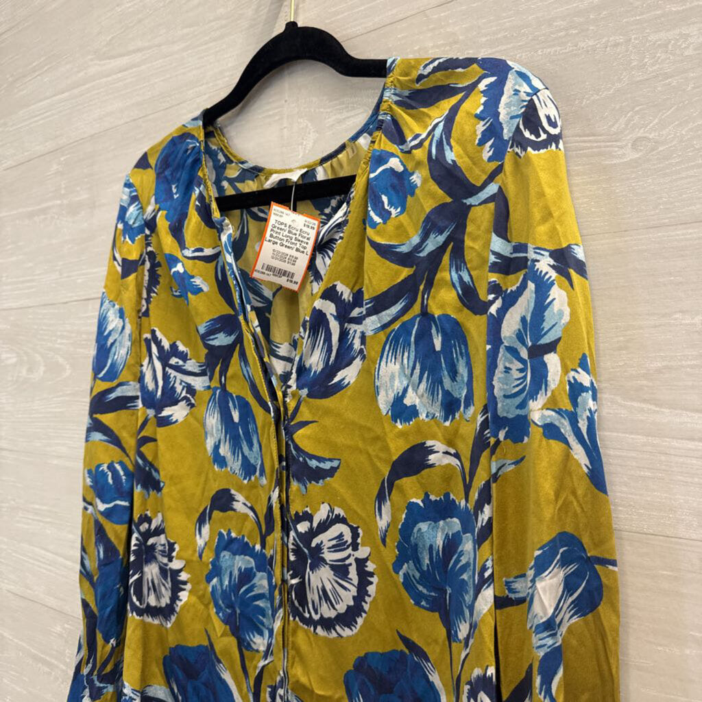 Ecru Green/ Blue Floral Print Long Sleeve Button Front Top Large