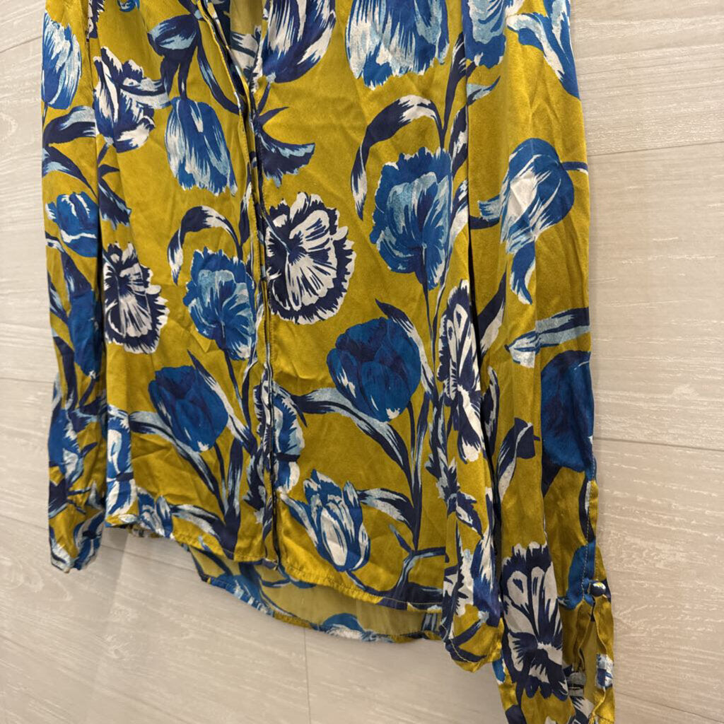 Ecru Green/ Blue Floral Print Long Sleeve Button Front Top Large
