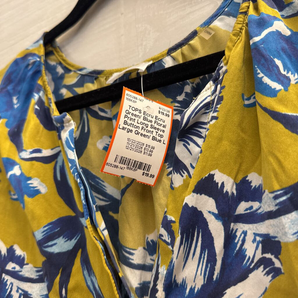 Ecru Green/ Blue Floral Print Long Sleeve Button Front Top Large