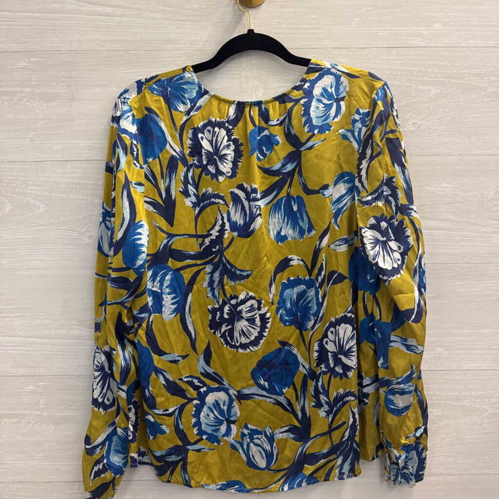 Ecru Green/ Blue Floral Print Long Sleeve Button Front Top Large